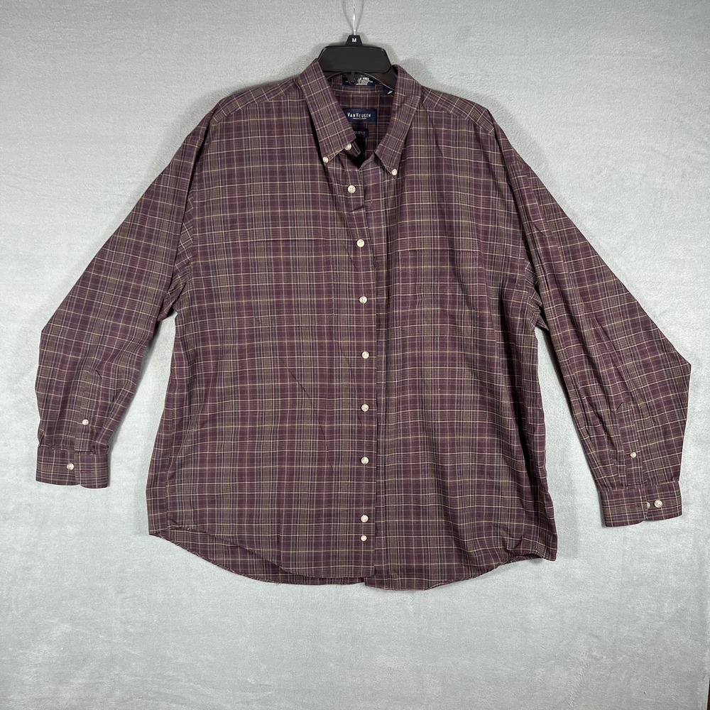 Van Heusen Men's XL Plaid Button Down Shirt Long Sleeve Wrinkle Free Maroon‎